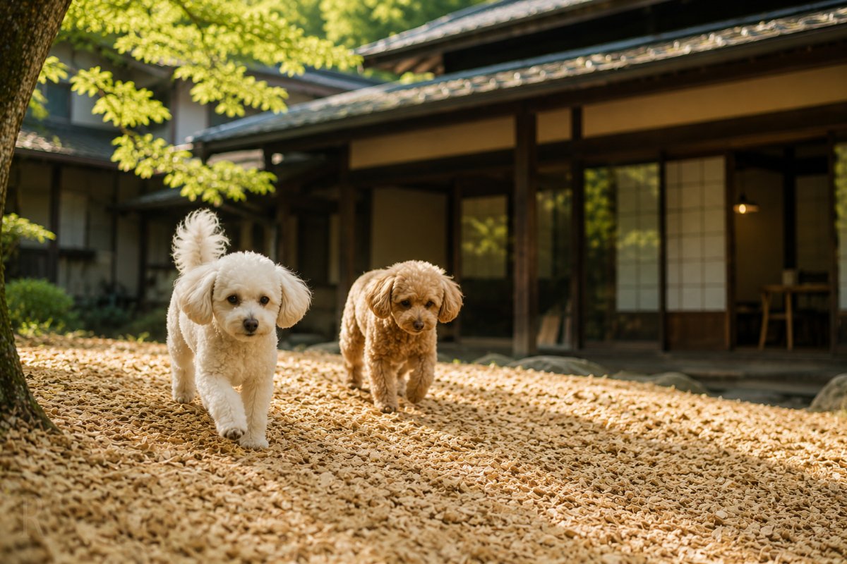 古民家の庭を並んで歩く2匹の愛犬