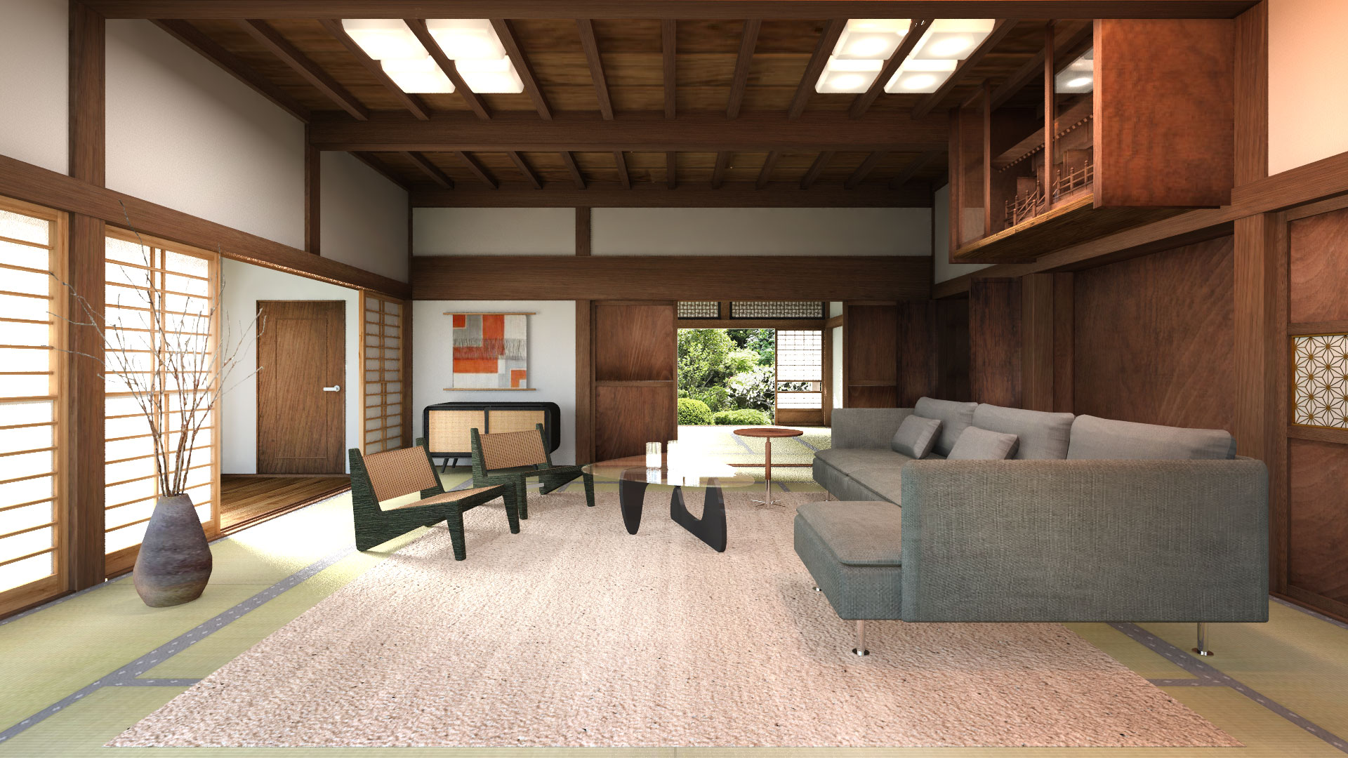 時を重ねた梁と柱を残した母屋の居間